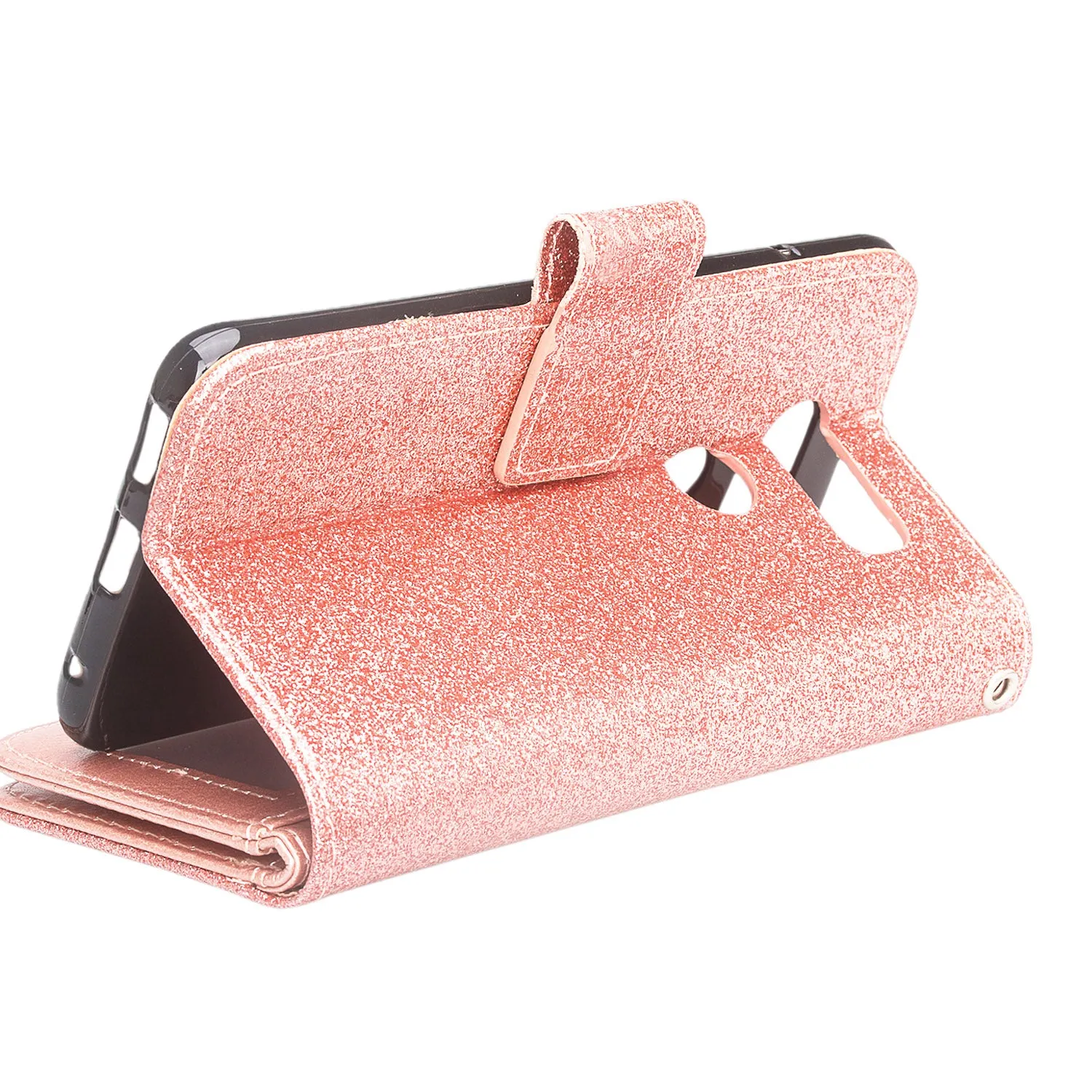 LG V30 Case, V30 Plus, [Wrist Strap] Glitter Faux Leather Flip [Kickstand Feature] Protective Wallet Wristlet Cover - Rose Gold