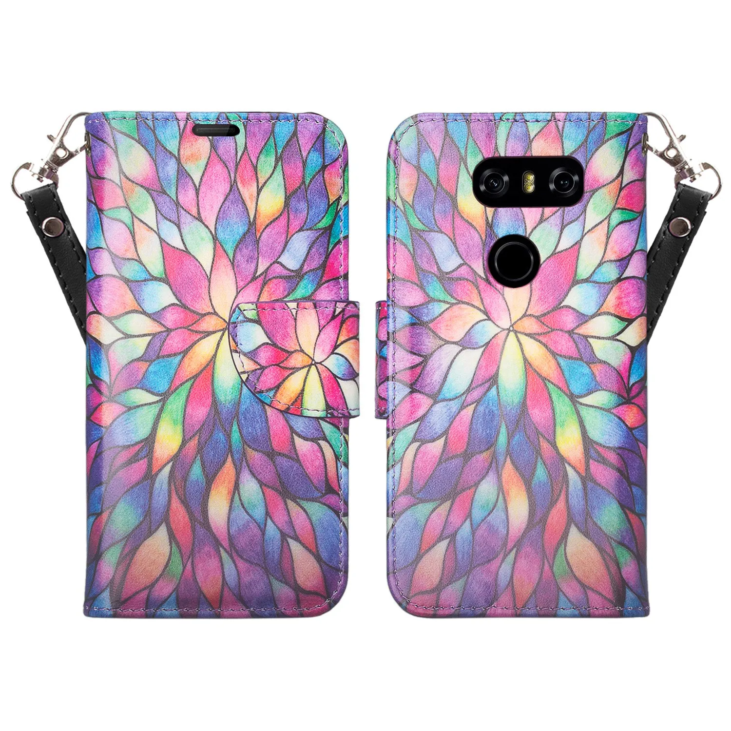 LG V30, V30 Plus, Magnetic Flip Fold [Kickstand] Wrist Strap Pu Leather Wallet Case Cover with Card Slots - Rainbow Flower