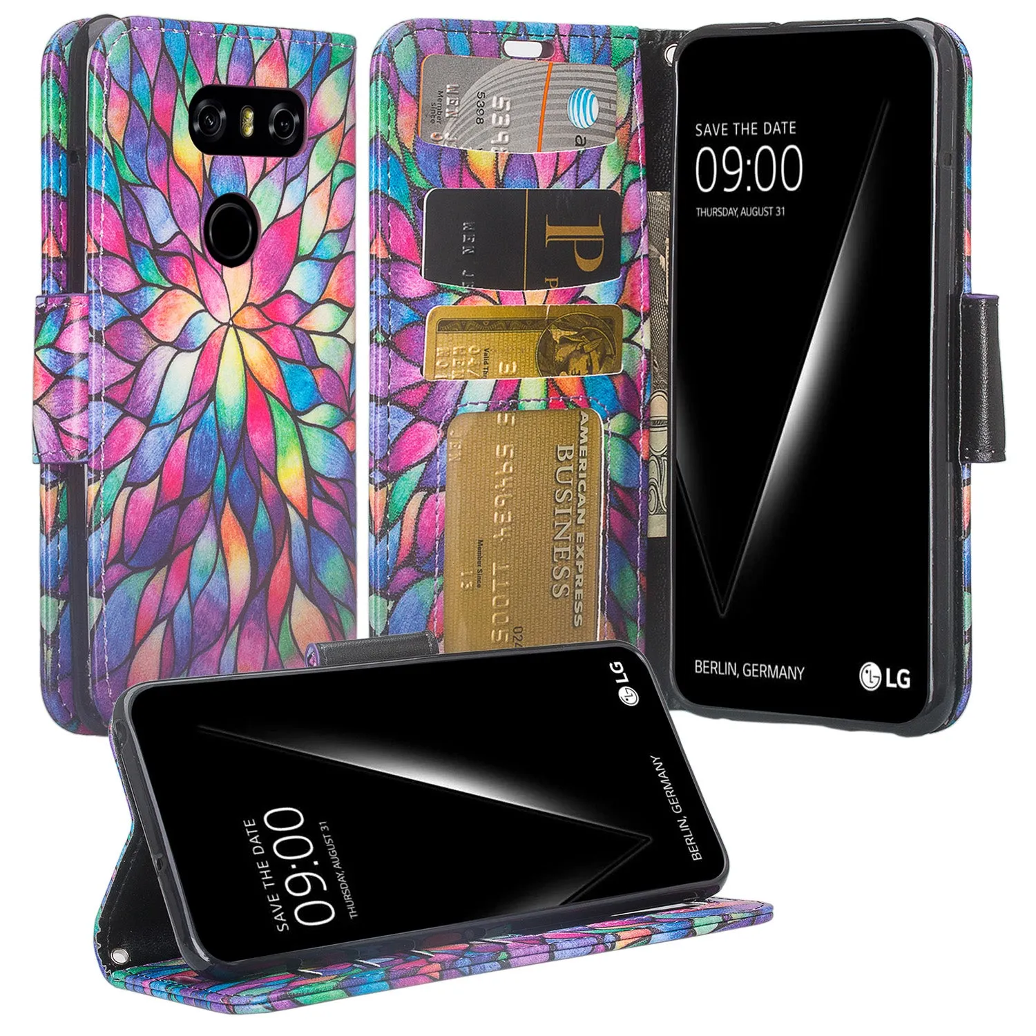 LG V30, V30 Plus, Magnetic Flip Fold [Kickstand] Wrist Strap Pu Leather Wallet Case Cover with Card Slots - Rainbow Flower