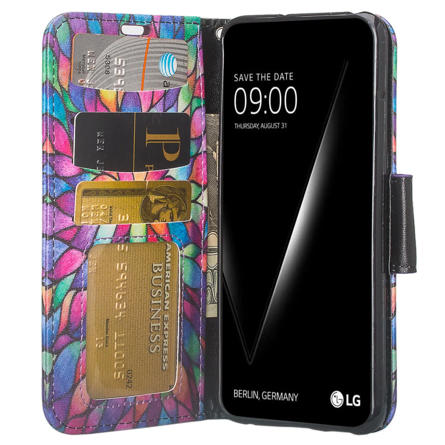 LG V30, V30 Plus, Magnetic Flip Fold [Kickstand] Wrist Strap Pu Leather Wallet Case Cover with Card Slots - Rainbow Flower