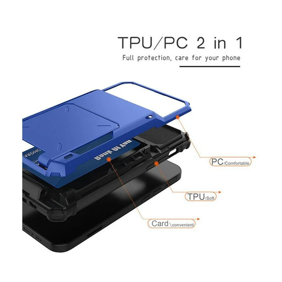 Luxurious Hard Rugged Case w/- Card Slots for iPhone 15 Pro Max- Blue