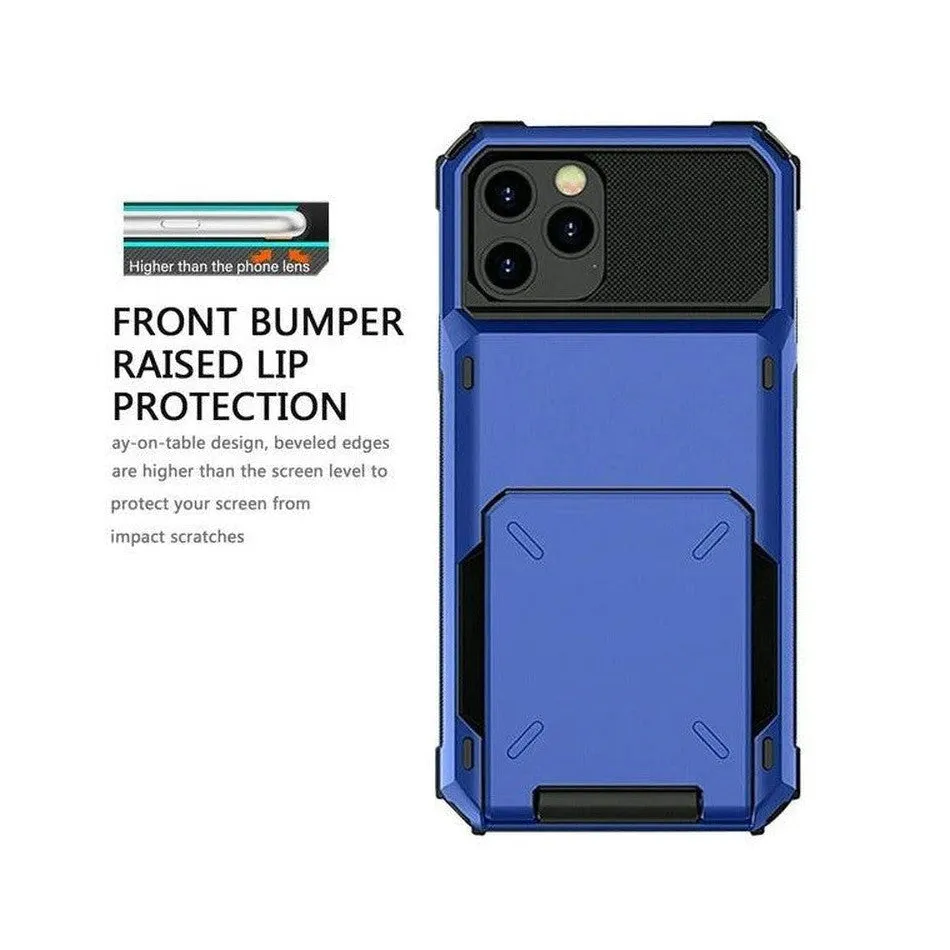 Luxurious Hard Rugged Case w/- Card Slots for iPhone 15 Pro Max- Blue