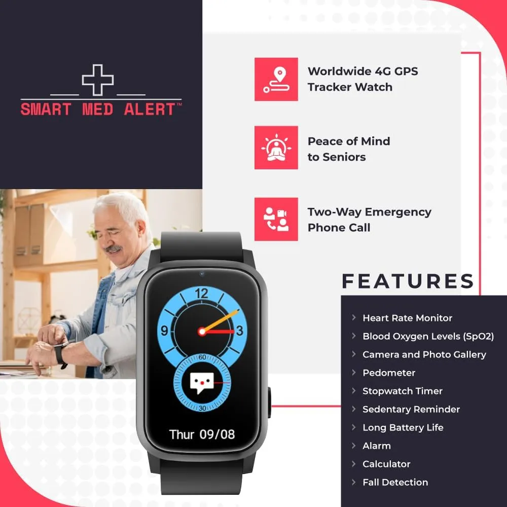 Medical Alert Rectangular Smart Watch For Seniors | Fall Detection