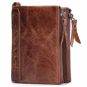 Men Genuine Leather Bifold Hasp Multi-Card Slot Card Holder Retro Double Zipper Pocket Coin Purse Short Money Clip Wallet