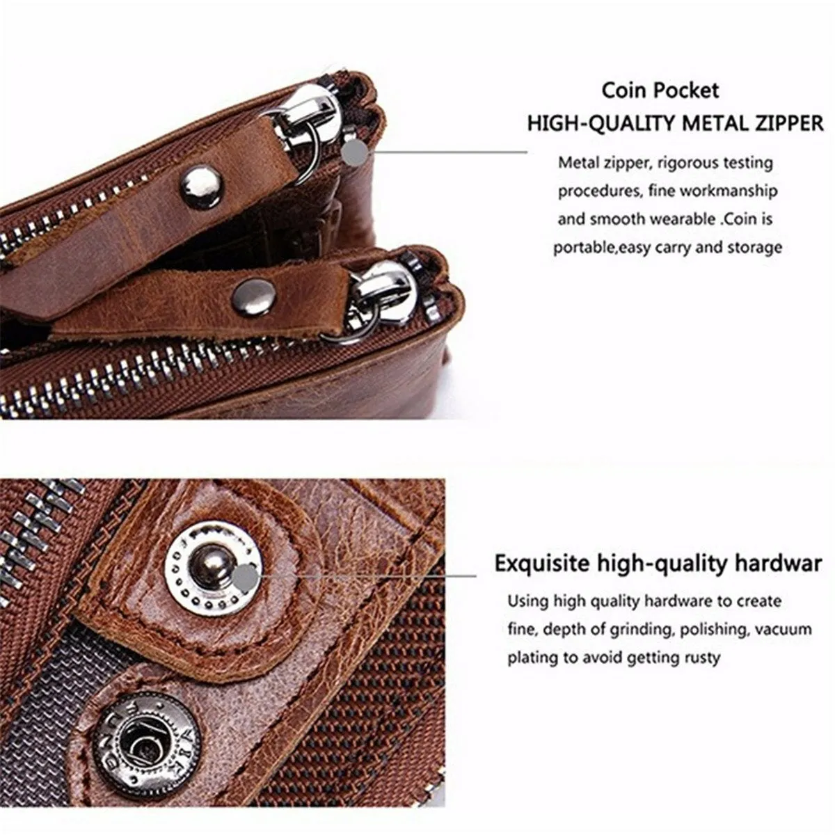 Men Genuine Leather Bifold Hasp Multi-Card Slot Card Holder Retro Double Zipper Pocket Coin Purse Short Money Clip Wallet