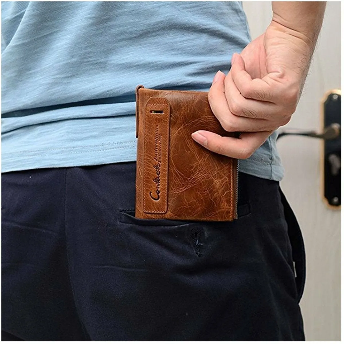 Men Genuine Leather Bifold Hasp Multi-Card Slot Card Holder Retro Double Zipper Pocket Coin Purse Short Money Clip Wallet