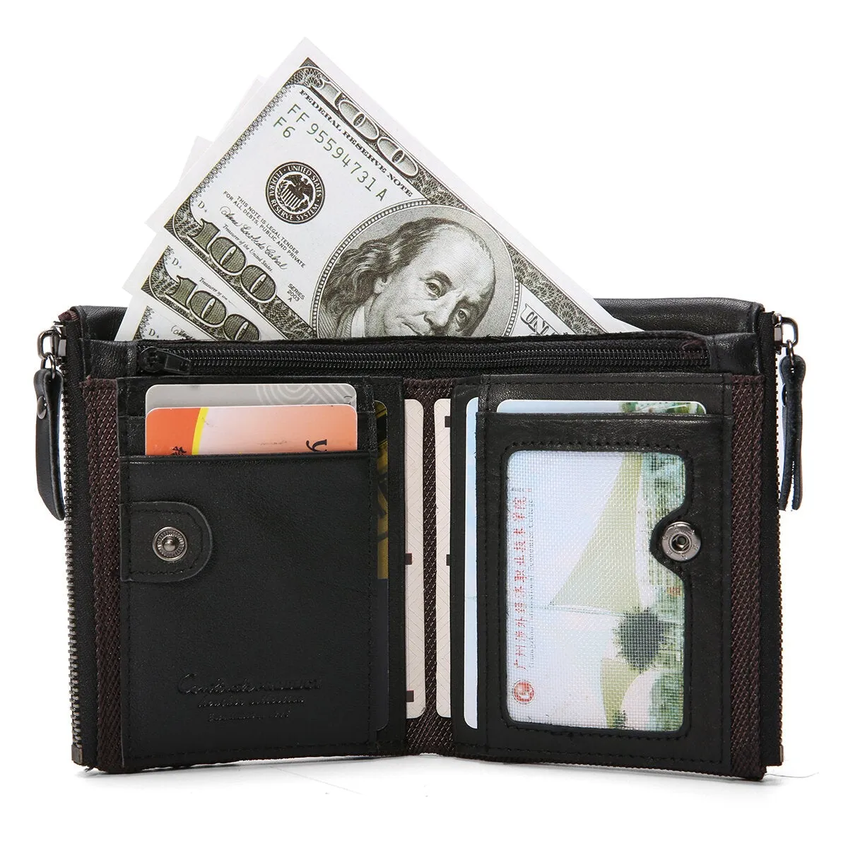 Men Genuine Leather Bifold Hasp Multi-Card Slot Card Holder Retro Double Zipper Pocket Coin Purse Short Money Clip Wallet