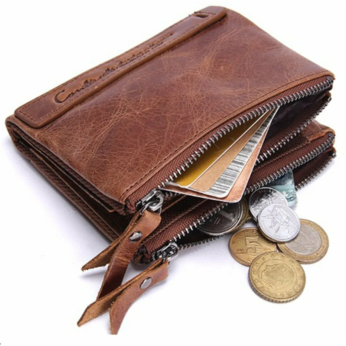 Men Genuine Leather Bifold Hasp Multi-Card Slot Card Holder Retro Double Zipper Pocket Coin Purse Short Money Clip Wallet