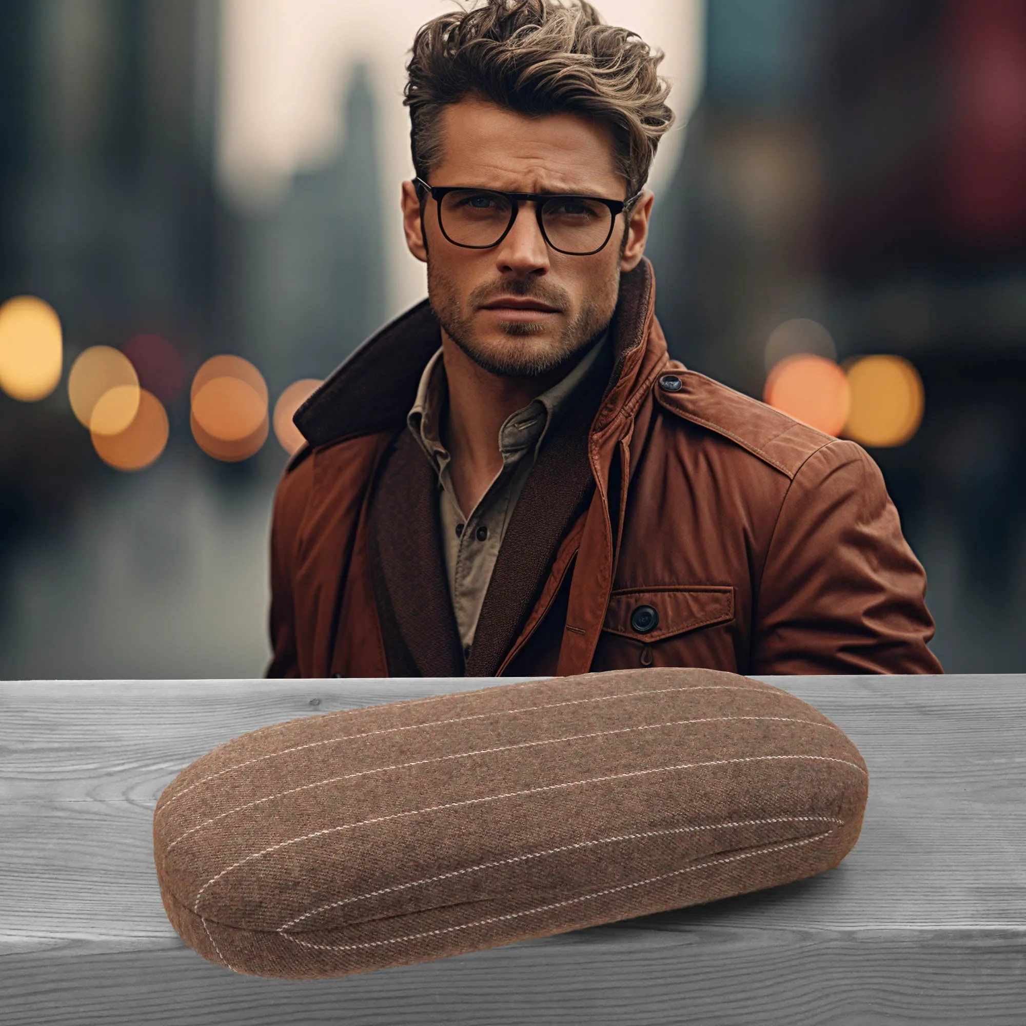 Men Hard Eyeglass Case for Small medium Frames - Glasses Case Holder with pouch and Cleaning Cloth (AS196 Brown Tweed)