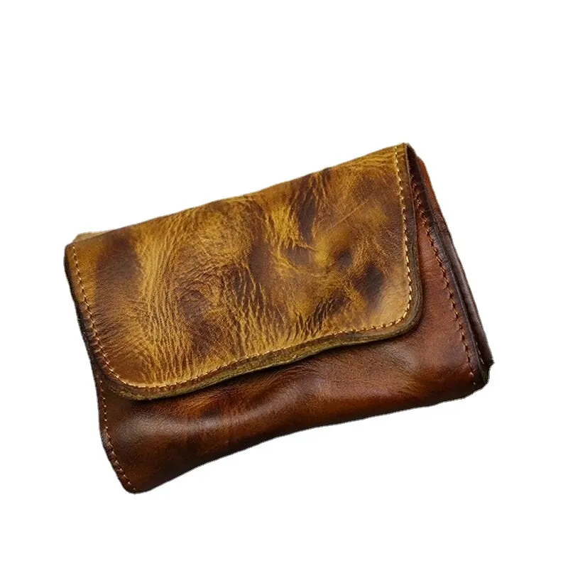 Men Retro Clasp Organ Card Holder Vegetable Tanned Leather Driver's License Card Case Money Clip Folds Wallet