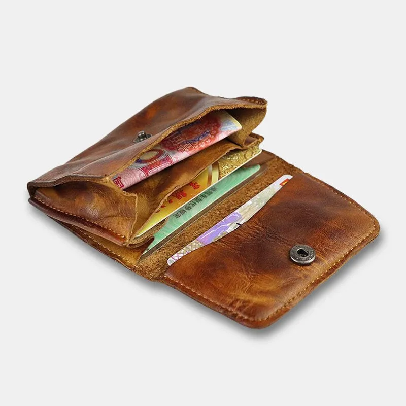 Men Retro Clasp Organ Card Holder Vegetable Tanned Leather Driver's License Card Case Money Clip Folds Wallet