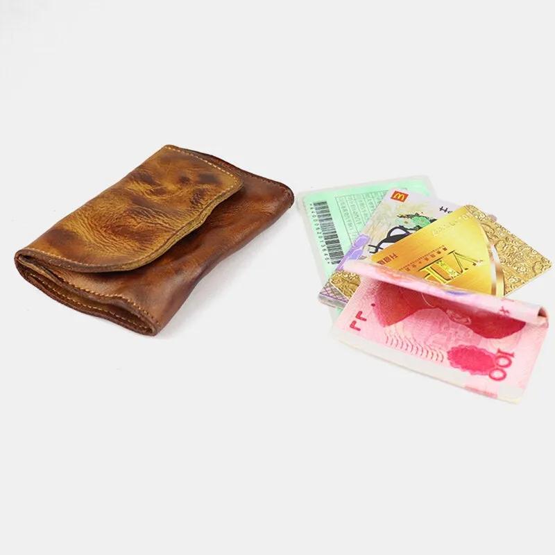 Men Retro Clasp Organ Card Holder Vegetable Tanned Leather Driver's License Card Case Money Clip Folds Wallet