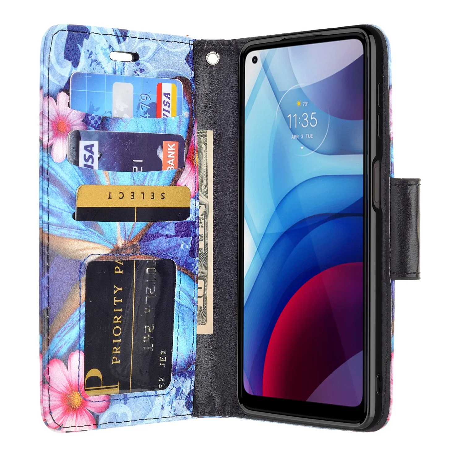 Motorola moto g power 2021 Case, moto g power 2021 Wallet Case, Wrist Strap Pu Leather Wallet Case [Kickstand] with ID & Credit Card Slots - Blue Butterfly