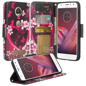 Motorola Moto Z2 Force Case, Moto Z2 Force Wallet Case, Slim Flip Folio [Kickstand] Pu Leather Wallet Case with ID & Card Slots & Pocket   Wrist Strap - Heart Butterflies