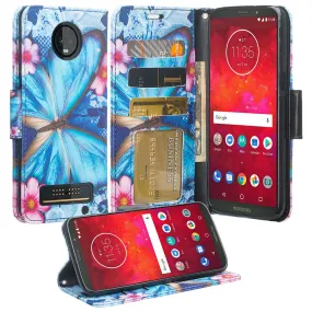 Motorola Moto Z3 Play Case, Moto Z3 Play Wallet Case, Wrist Strap Pu Leather Wallet Case [Kickstand] with ID & Credit Card Slots - Blue Butterfly