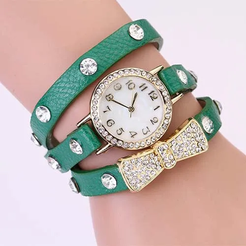 New Arrivals Women Leather Strap Watches Set Auger Bowknot Rivet Bracelet Women Dress Watches Wristwatches Luxury Drill