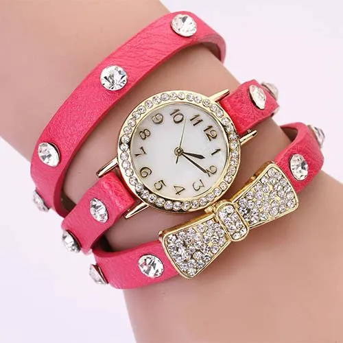 New Arrivals Women Leather Strap Watches Set Auger Bowknot Rivet Bracelet Women Dress Watches Wristwatches Luxury Drill