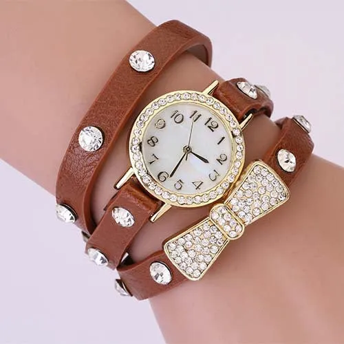 New Arrivals Women Leather Strap Watches Set Auger Bowknot Rivet Bracelet Women Dress Watches Wristwatches Luxury Drill