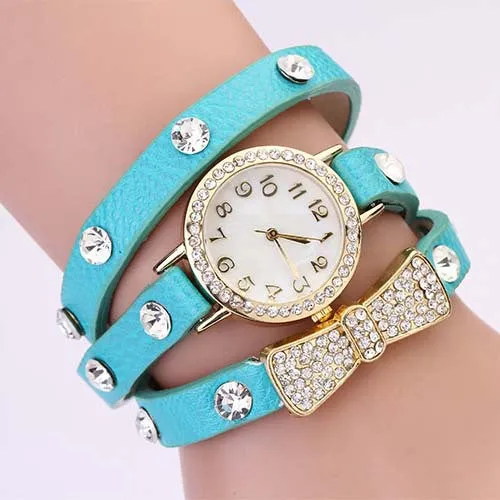 New Arrivals Women Leather Strap Watches Set Auger Bowknot Rivet Bracelet Women Dress Watches Wristwatches Luxury Drill