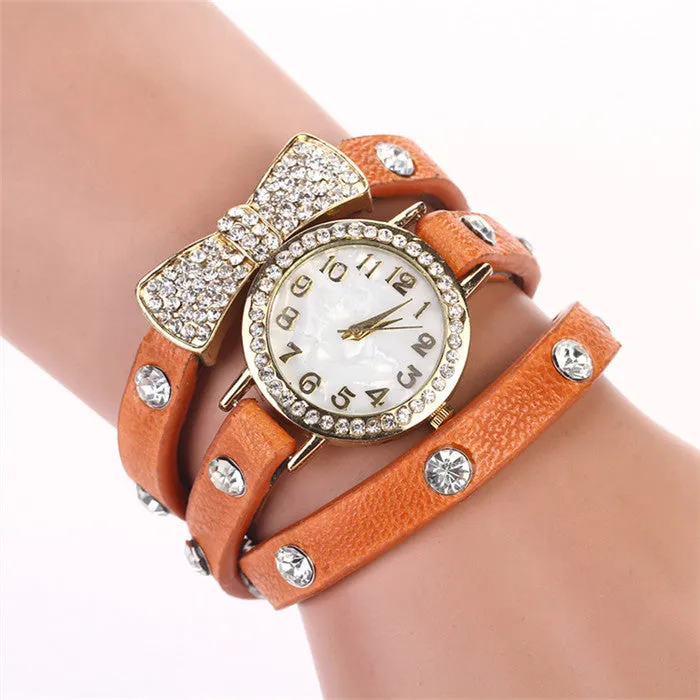 New Arrivals Women Leather Strap Watches Set Auger Bowknot Rivet Bracelet Women Dress Watches Wristwatches Luxury Drill