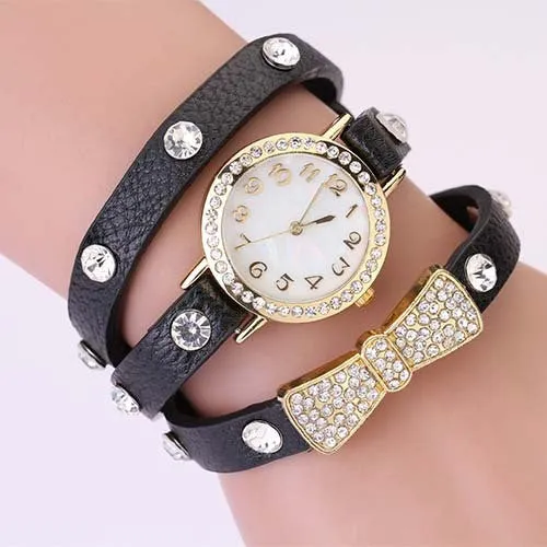 New Arrivals Women Leather Strap Watches Set Auger Bowknot Rivet Bracelet Women Dress Watches Wristwatches Luxury Drill