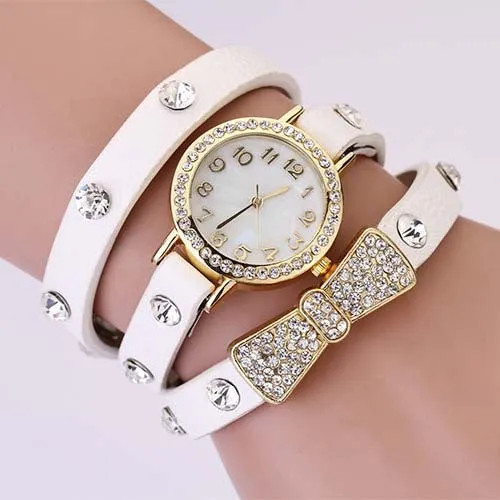 New Arrivals Women Leather Strap Watches Set Auger Bowknot Rivet Bracelet Women Dress Watches Wristwatches Luxury Drill