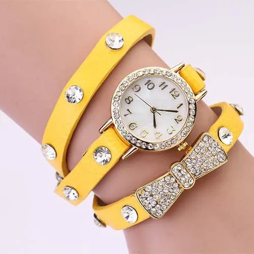 New Arrivals Women Leather Strap Watches Set Auger Bowknot Rivet Bracelet Women Dress Watches Wristwatches Luxury Drill