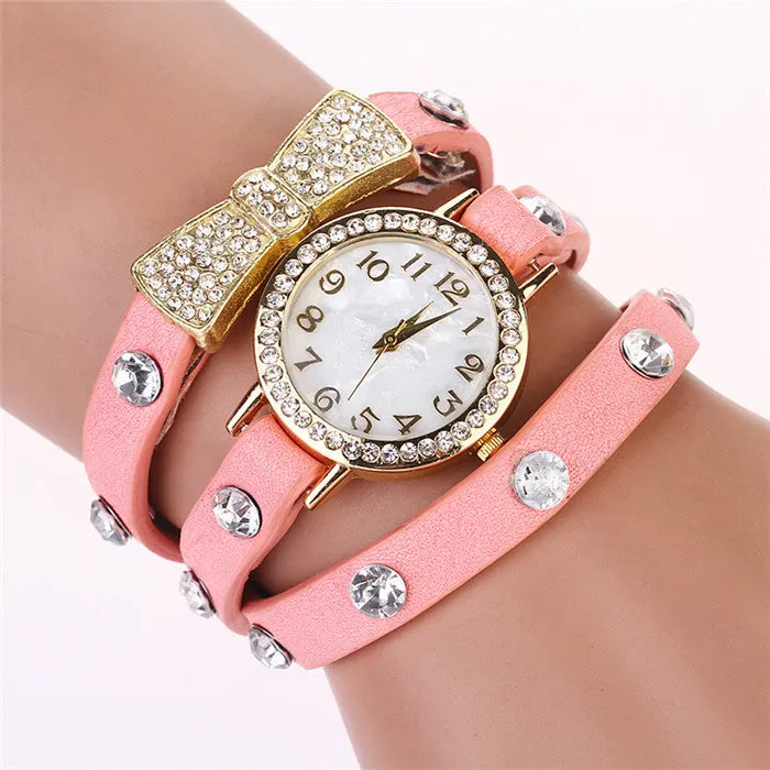 New Arrivals Women Leather Strap Watches Set Auger Bowknot Rivet Bracelet Women Dress Watches Wristwatches Luxury Drill