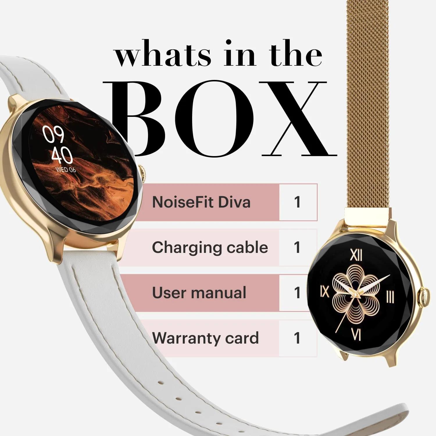 Noise Diva Smartwatch with Diamond Cut dial, Glossy Metallic Finish, AMOLED Display, Mesh Metal and Leather Strap Options, 100  Watch Faces, Female Cycle Tracker Smart Watch for Women (Gold Link)