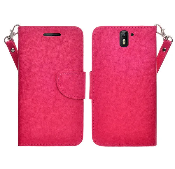 OnePlus One Case, Wrist Strap Flip Folio [Kickstand Feature] Pu Leather Wallet Case with ID & Credit Card Slots - Hot Pink