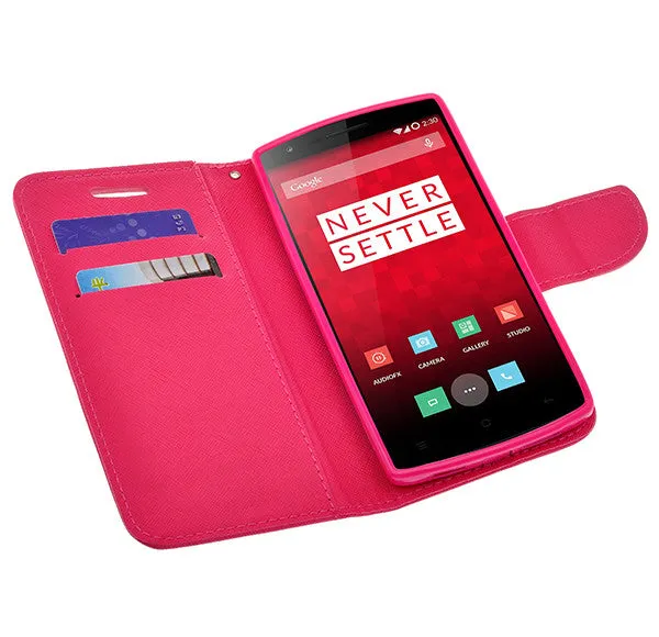 OnePlus One Case, Wrist Strap Flip Folio [Kickstand Feature] Pu Leather Wallet Case with ID & Credit Card Slots - Hot Pink