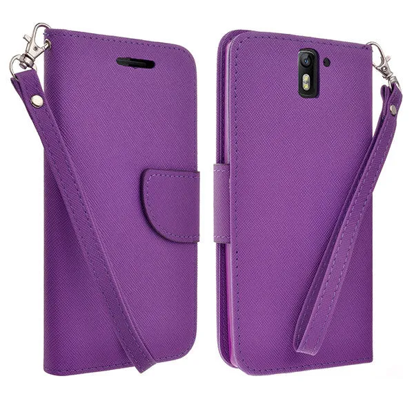 OnePlus One Case, Wrist Strap Flip Folio [Kickstand Feature] Pu Leather Wallet Case with ID & Credit Card Slots - Purple