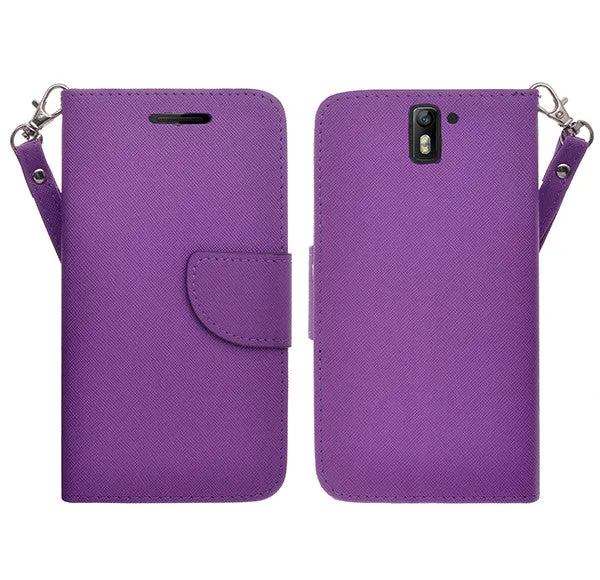 OnePlus One Case, Wrist Strap Flip Folio [Kickstand Feature] Pu Leather Wallet Case with ID & Credit Card Slots - Purple