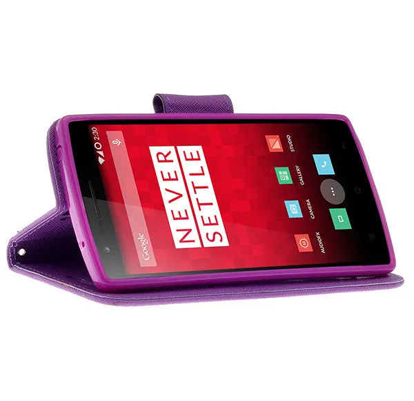 OnePlus One Case, Wrist Strap Flip Folio [Kickstand Feature] Pu Leather Wallet Case with ID & Credit Card Slots - Purple