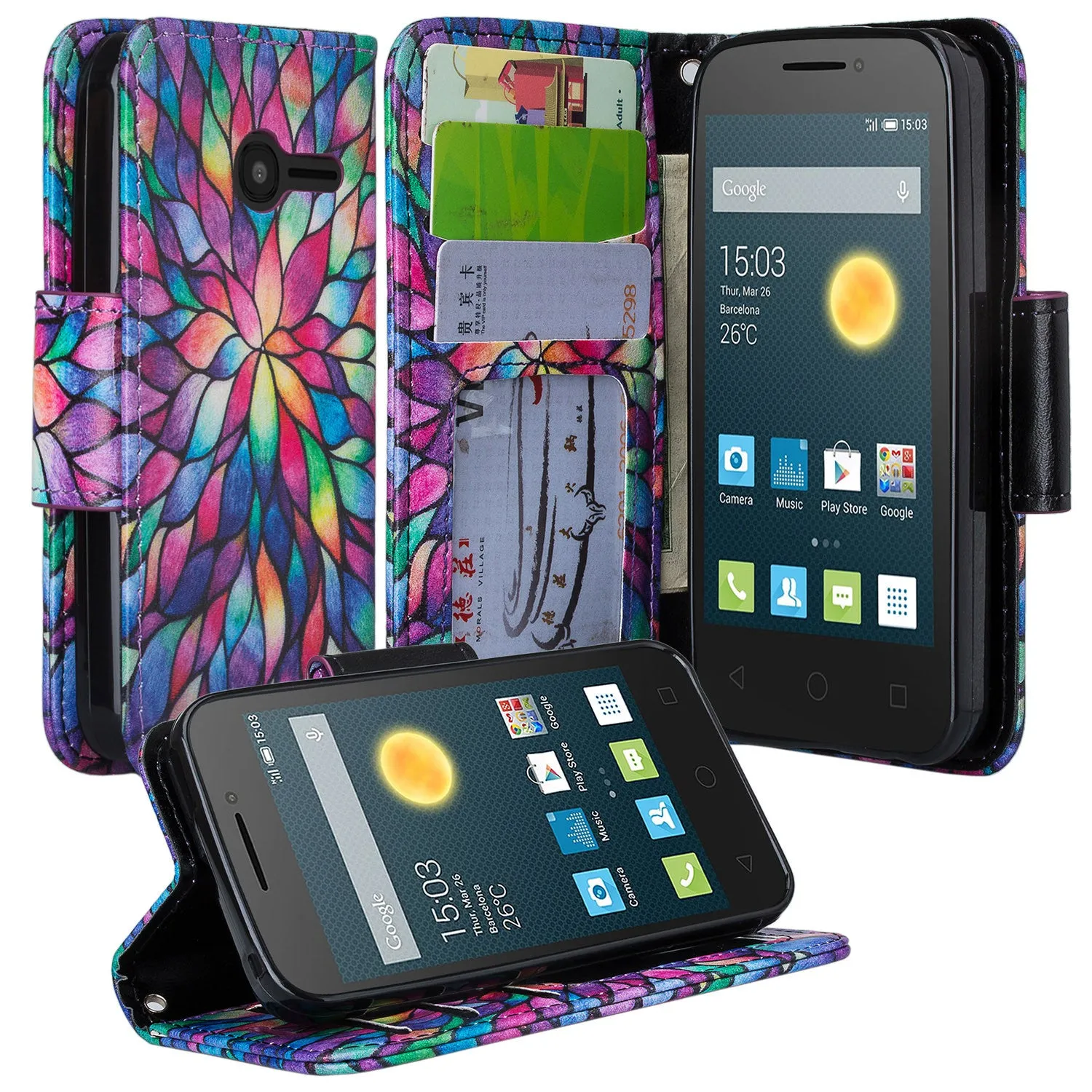 Onetouch Pixi Pulsar Case, Wrist Strap Flip Fold [Kickstand Feature] Pu Leather Wallet Case with ID & Credit Card Slots For Alcatel Onetouch Pixi Pulsar - Rainbow Flower