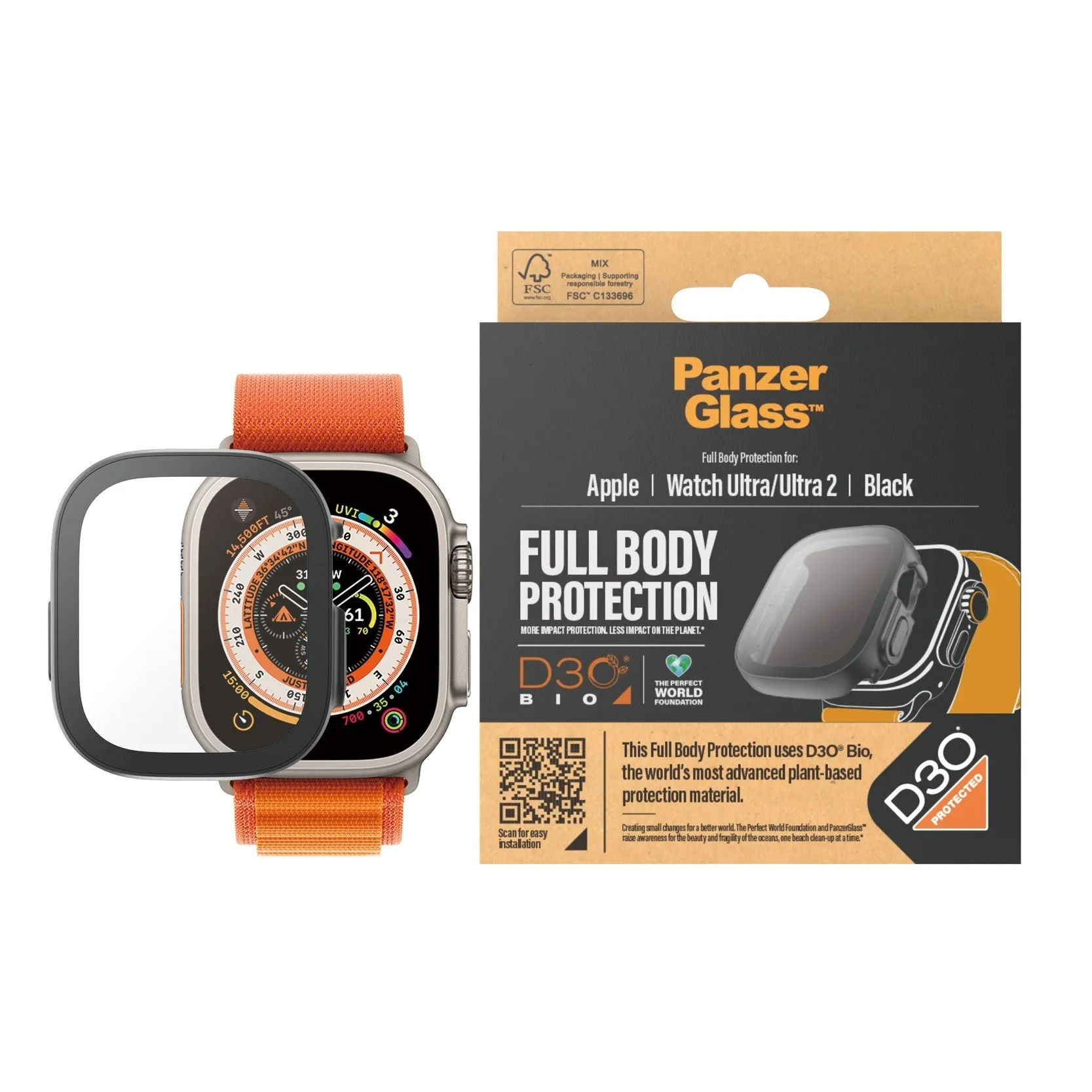 PanzerGlass Apple Watch Ultra 1/2 (49mm) Full Body D3O Bio Protection Cover   Indbygget Skærmbeskyttelse - Sort