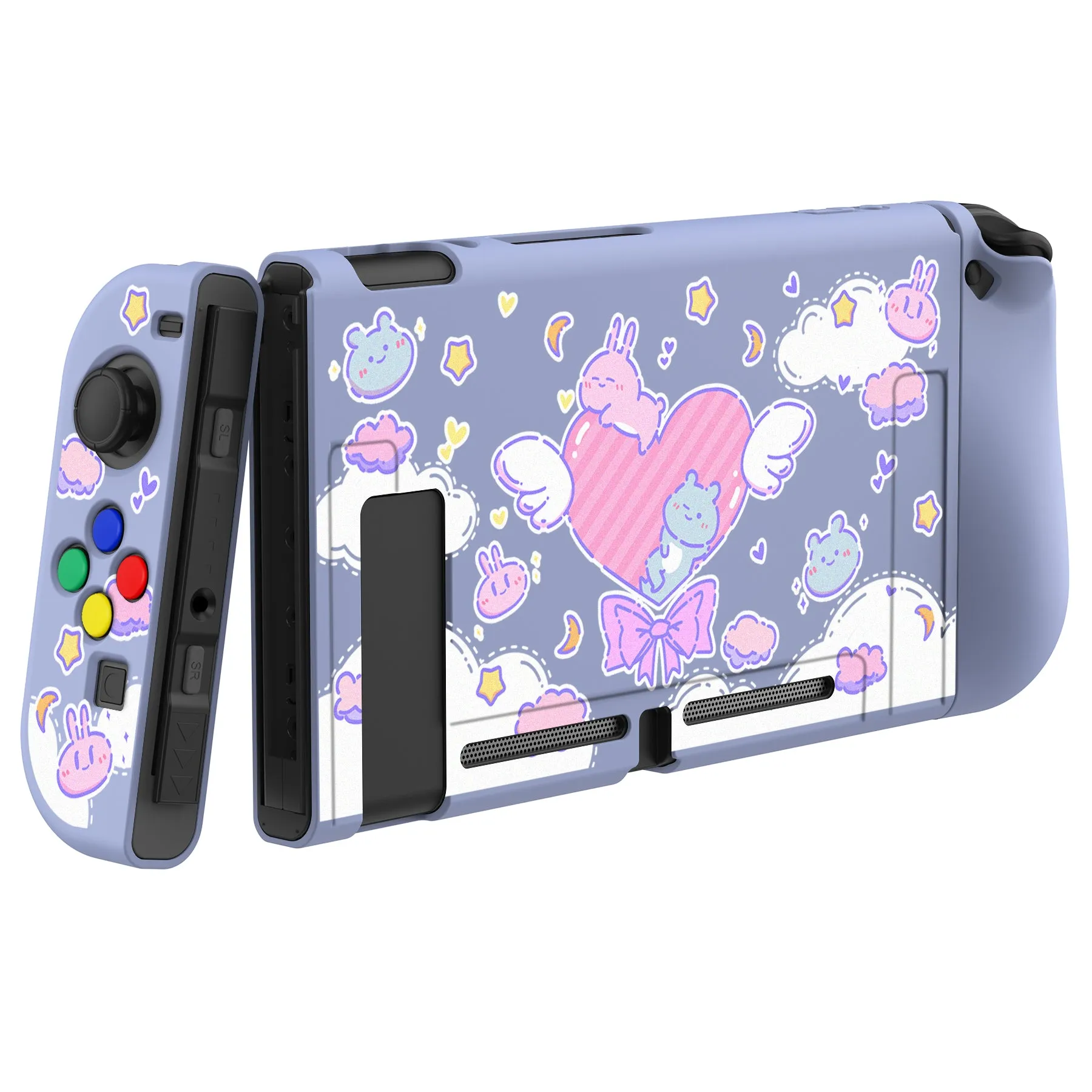 PlayVital Fantasy Bunny & Bear Protective Case for NS, Soft TPU Slim Case Cover for NS Joycon Console with Colorful ABXY Direction Button Caps - NTU6024G2