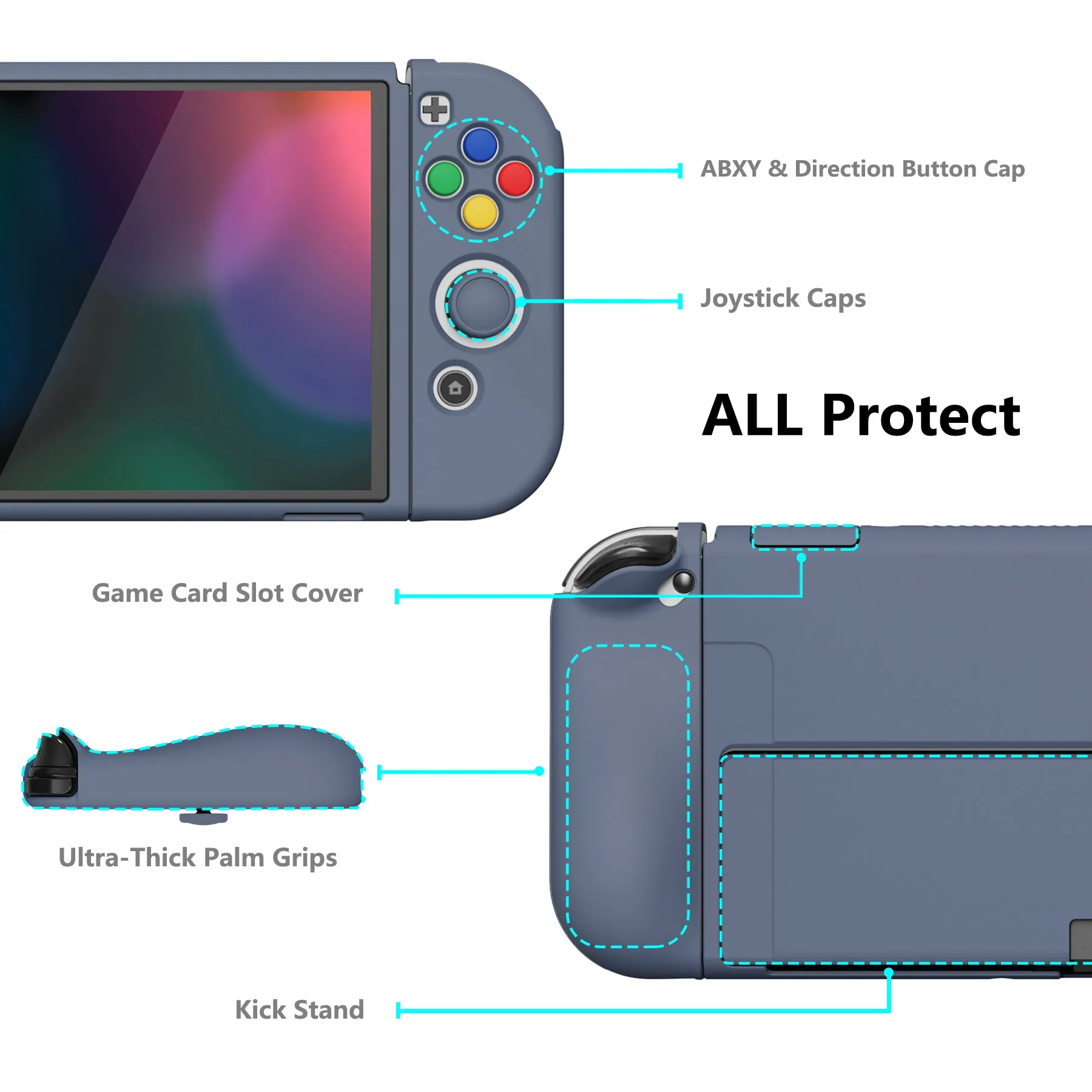 PlayVital ZealProtect Soft Protective Case for Nintendo Switch OLED, Flexible Protector Joycon Grip Cover for Nintendo Switch OLED with Thumb Grip Caps & ABXY Direction Button Caps - Slate Gray - XSOYM5010