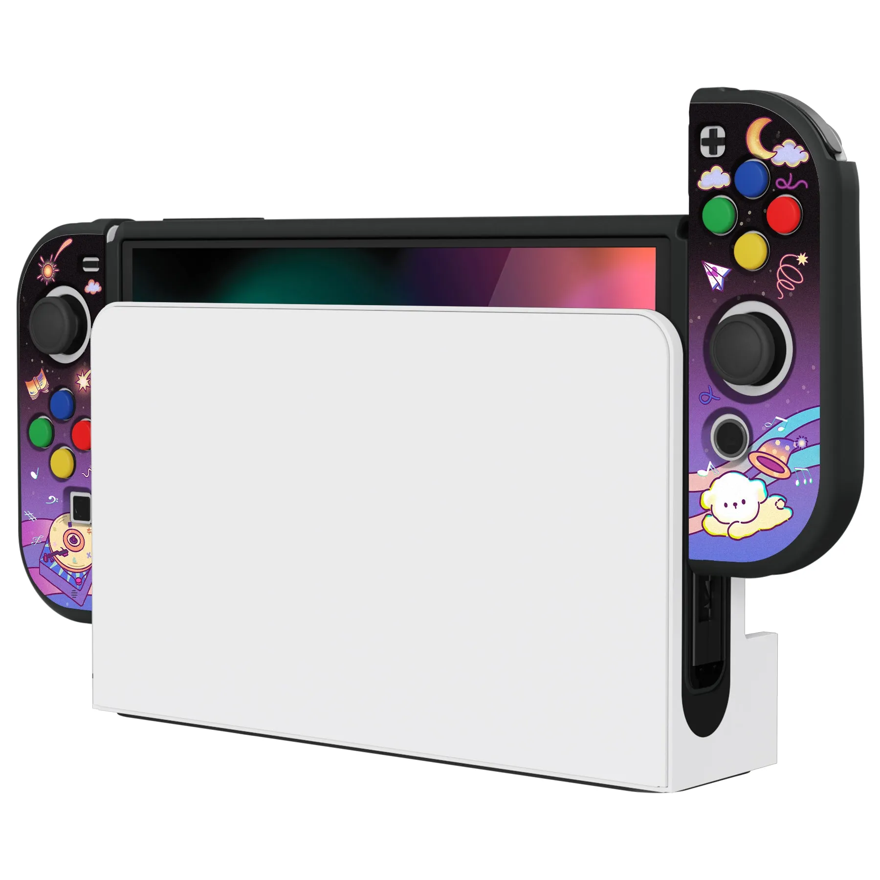 PlayVital ZealProtect Soft Protective Case for Switch OLED, Flexible Protector Joycon Grip Cover for Switch OLED with Thumb Grip Caps & ABXY Direction Button Caps - Dancing Notes - XSOYV6040