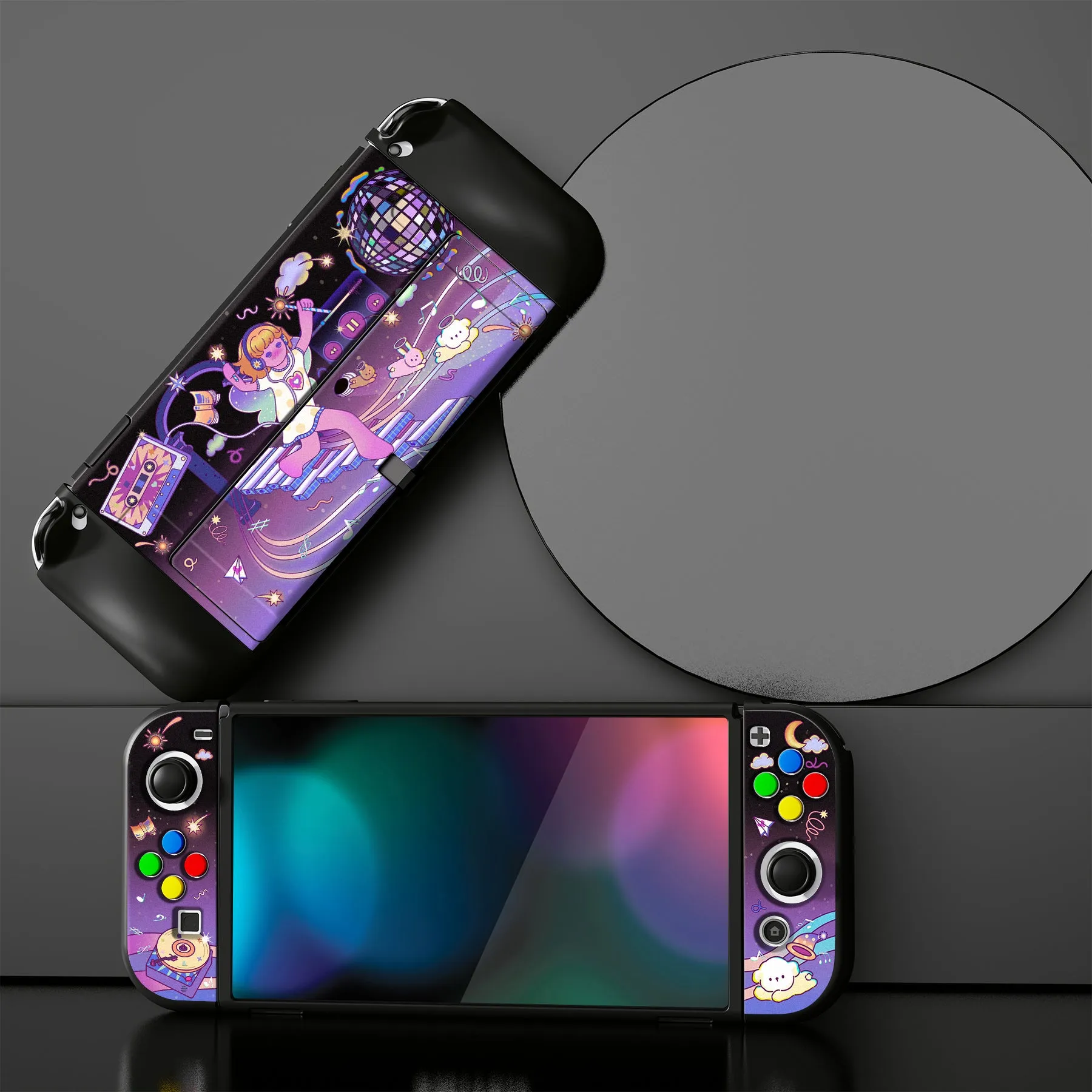 PlayVital ZealProtect Soft Protective Case for Switch OLED, Flexible Protector Joycon Grip Cover for Switch OLED with Thumb Grip Caps & ABXY Direction Button Caps - Dancing Notes - XSOYV6040