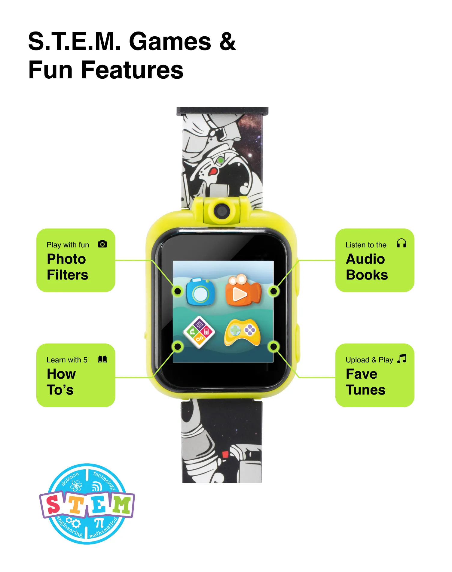 PlayZoom 2 Kids Smartwatch: Astronaut Outerspace Print in Black