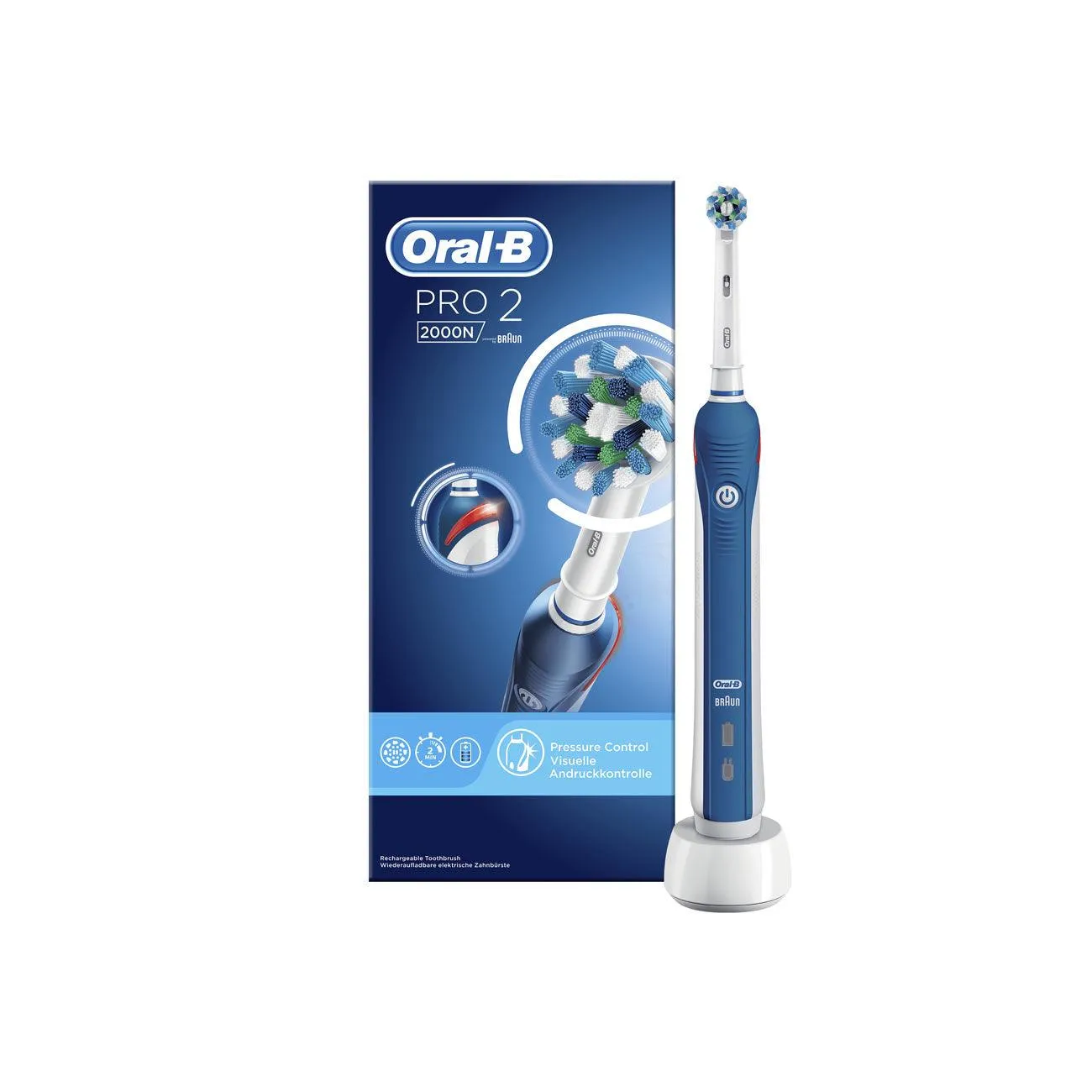 Pro 2 2000N CrossAction Electric Toothbrush Rechargeable Powered By Braun, UK 2 Pin Plug