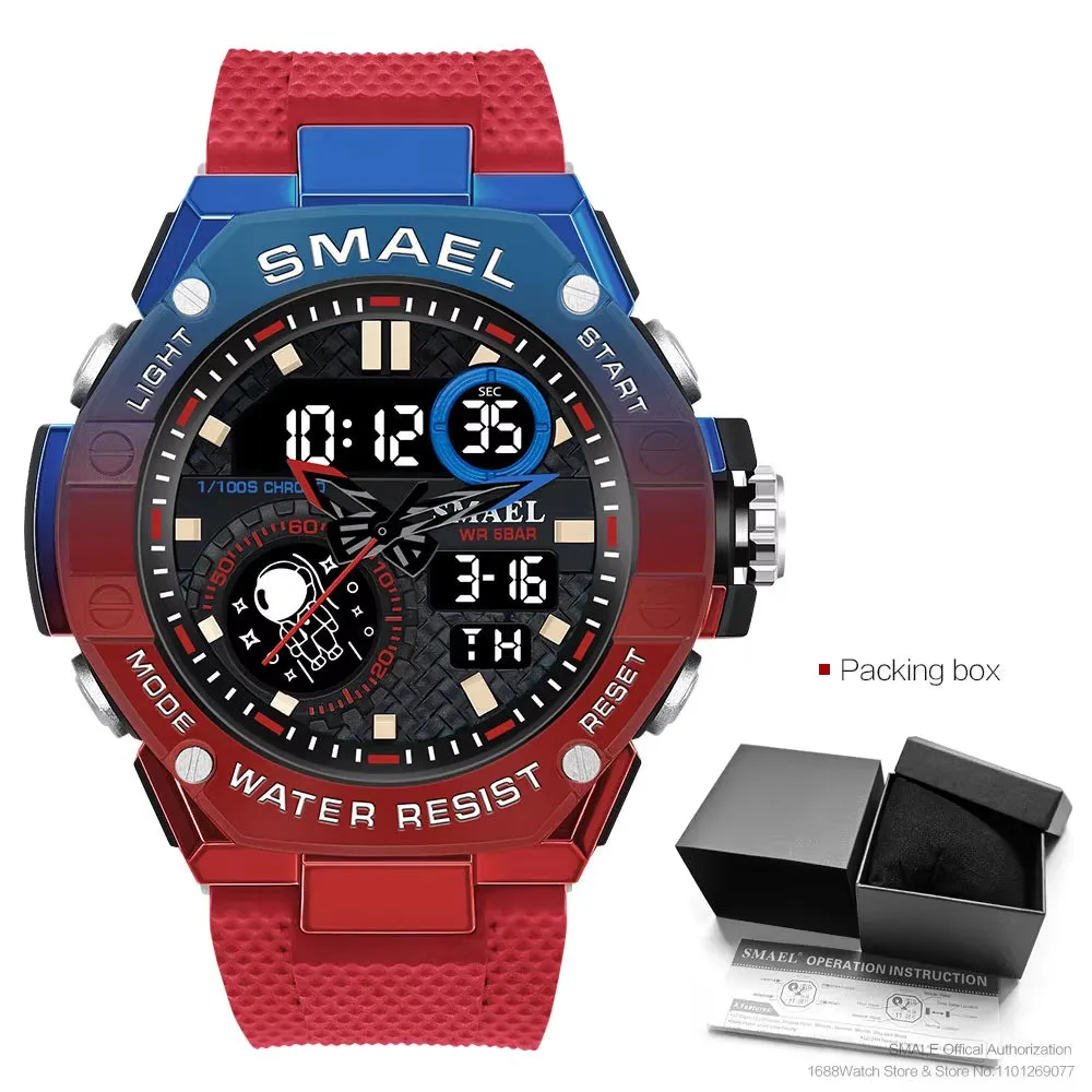 Red Digital Quartz Watch Men Dual Time Display Electronic Chronograph Sport Wristwatch with Auto Date LED Week Alarm 8068