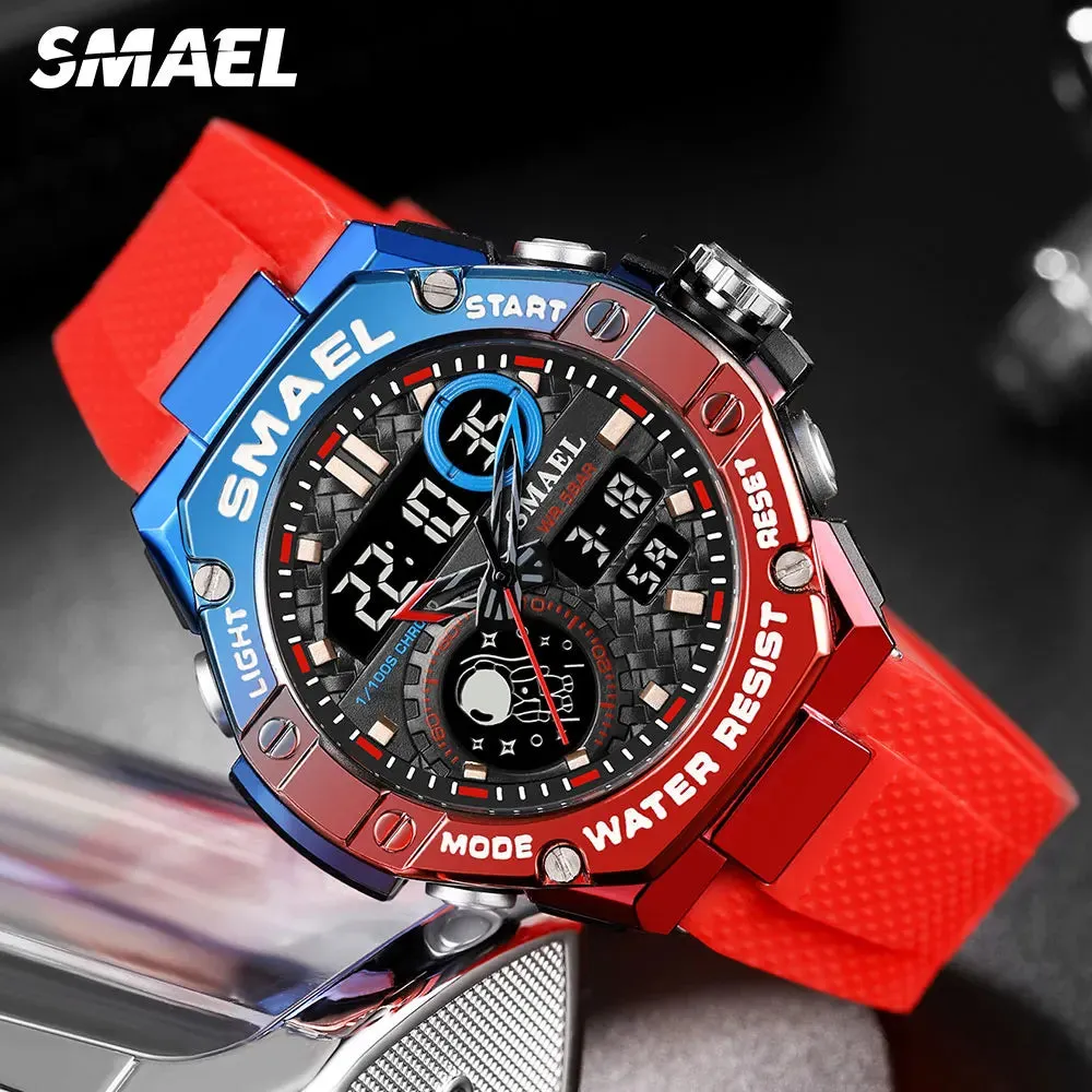 Red Digital Quartz Watch Men Dual Time Display Electronic Chronograph Sport Wristwatch with Auto Date LED Week Alarm 8068