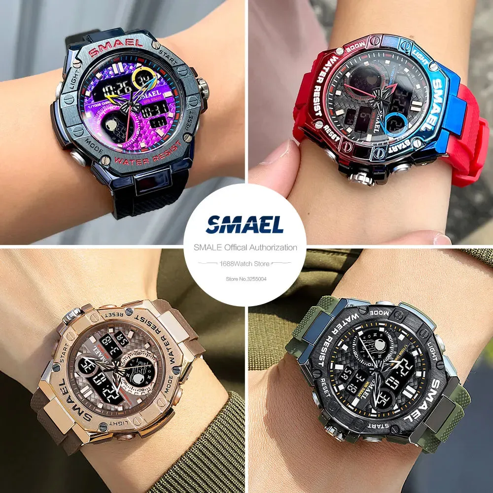 Red Digital Quartz Watch Men Dual Time Display Electronic Chronograph Sport Wristwatch with Auto Date LED Week Alarm 8068