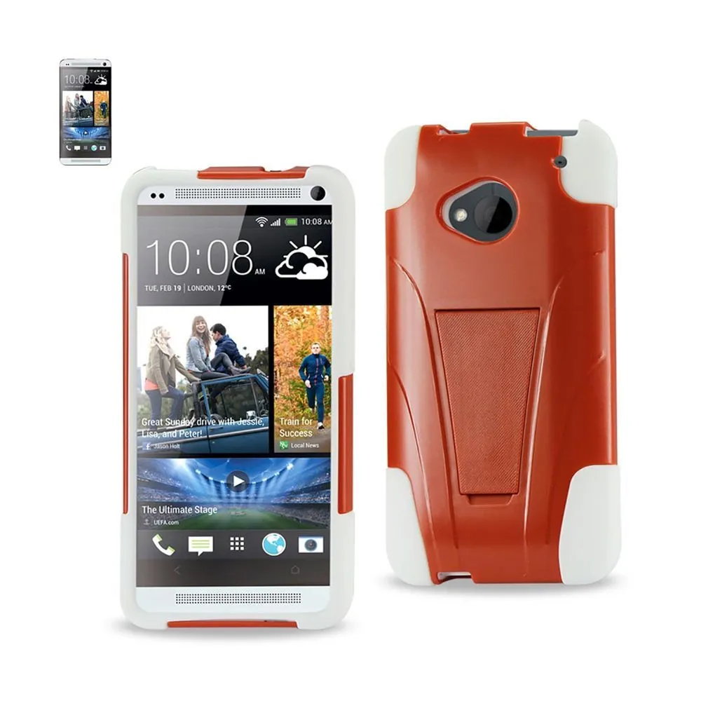 Reiko REIKO HTC ONE M7 HYBRID HEAVY DUTY CASE WITH KICKSTAND IN ORANGE WHITE