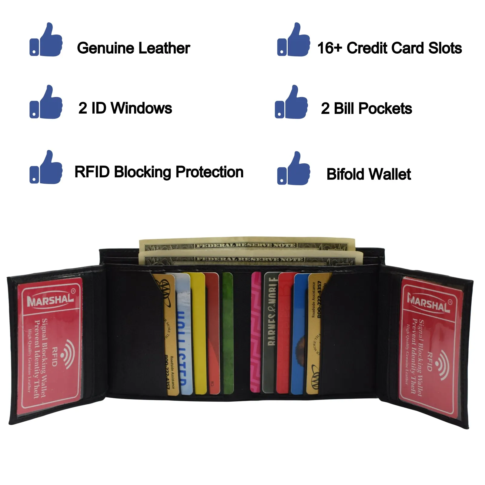 RFID Blocking Genuine Leather Dual Credit Card Case ID Flap Bifold Mens Wallet Passcase