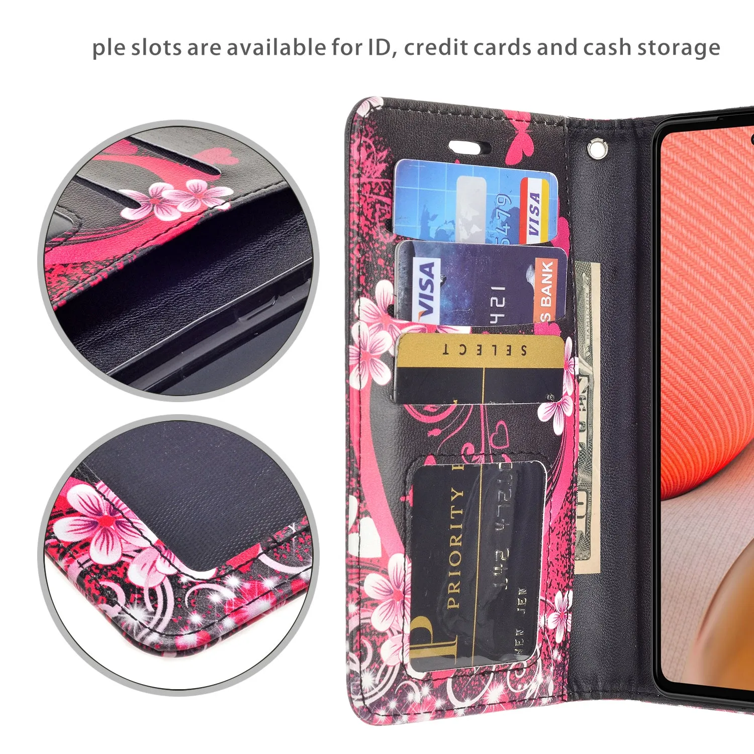 Samsung Galaxy A52 5G Case, Galaxy A52 5G Wallet Case, Wrist Strap Pu Leather Wallet Case [Kickstand] with ID & Credit Card Slots - Heart Butterflies