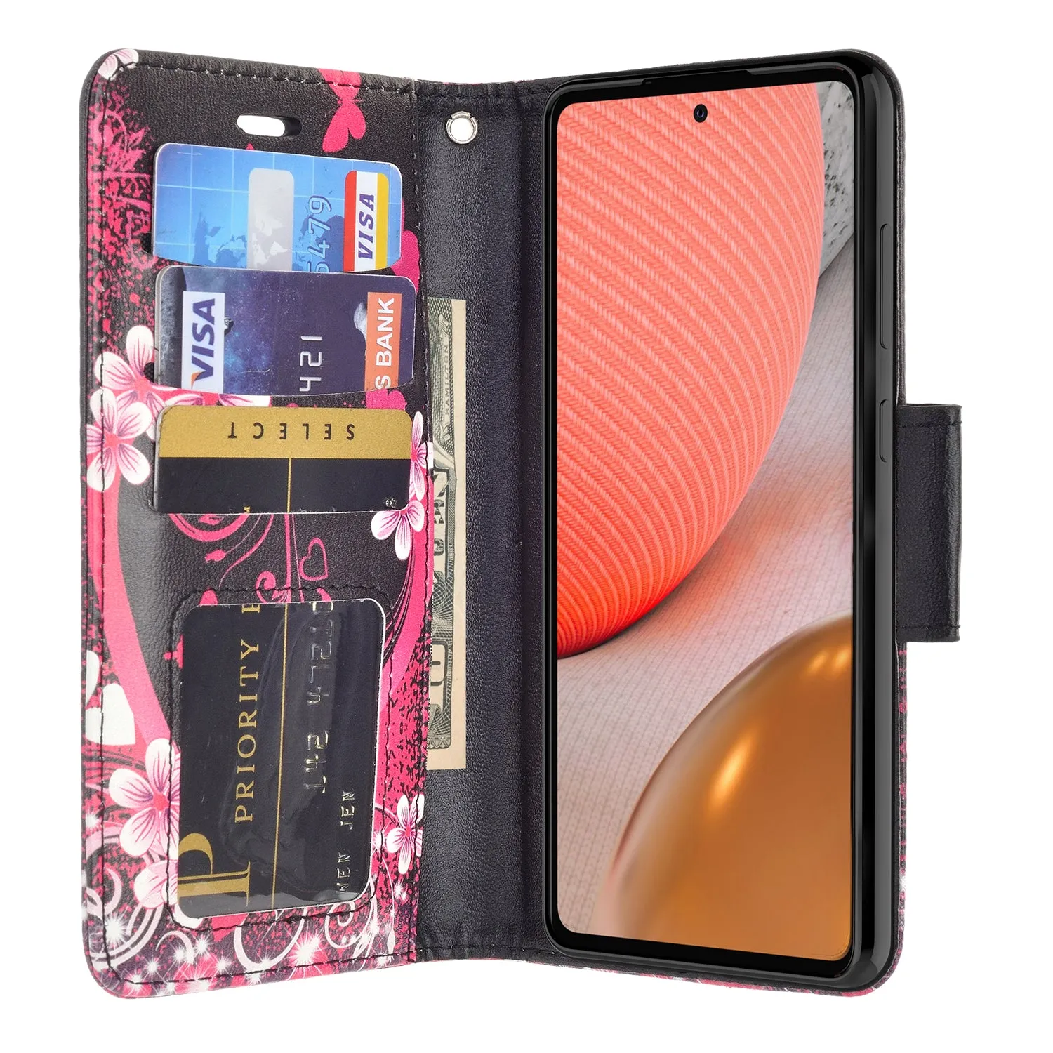 Samsung Galaxy A52 5G Case, Galaxy A52 5G Wallet Case, Wrist Strap Pu Leather Wallet Case [Kickstand] with ID & Credit Card Slots - Heart Butterflies