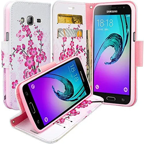 Samsung Galaxy J3 Case, J3V Case | Galaxy Express Prime Case | Galaxy Sky Case | Amp Prime Case | Galaxy Sol Wrist Strap Pu Leather Magnetic Fold Wallet Case with ID & Card Slots - Cherry Blossom